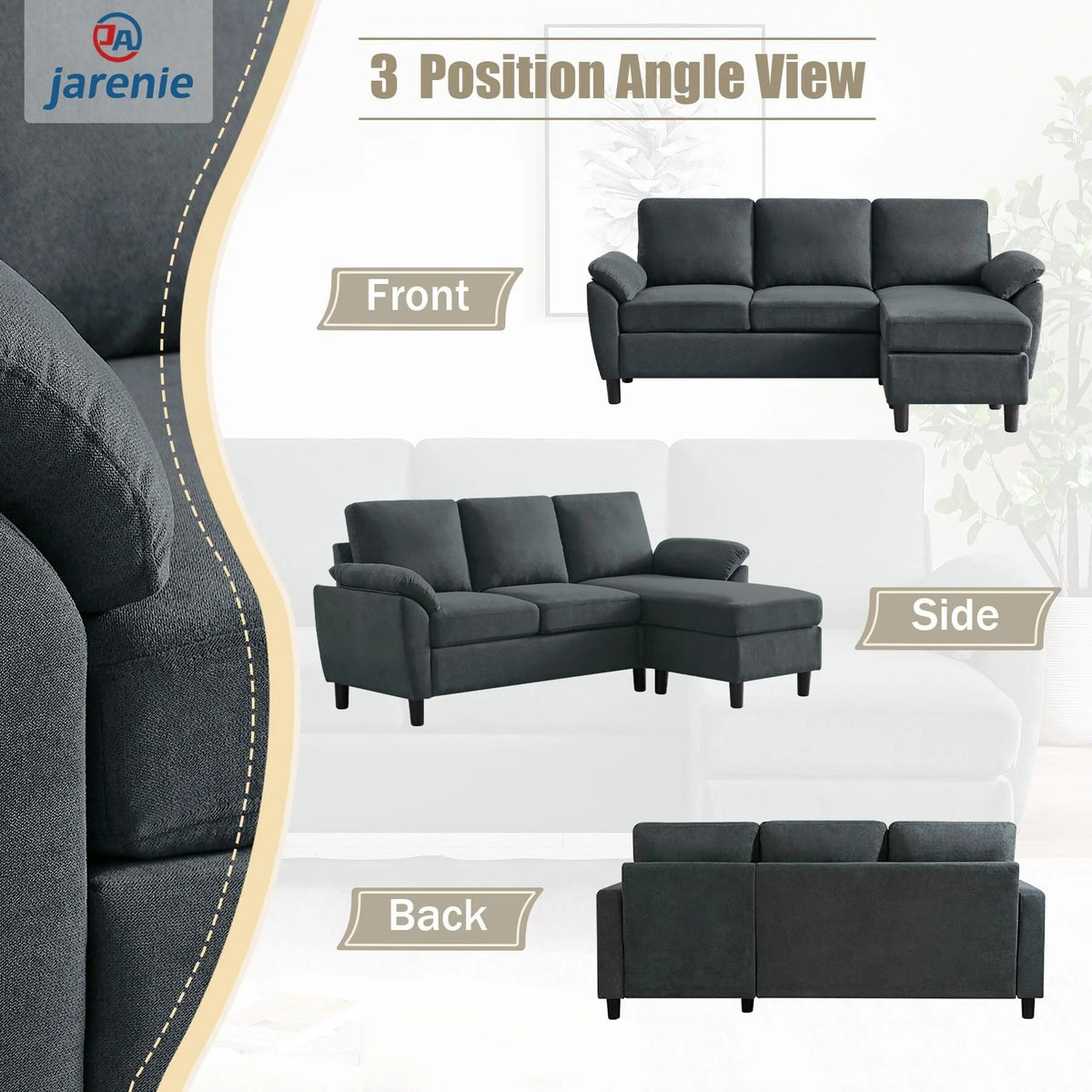 Charcoal Grey L Shaped Sectional Sofa with Reversible Ottoman Q1138