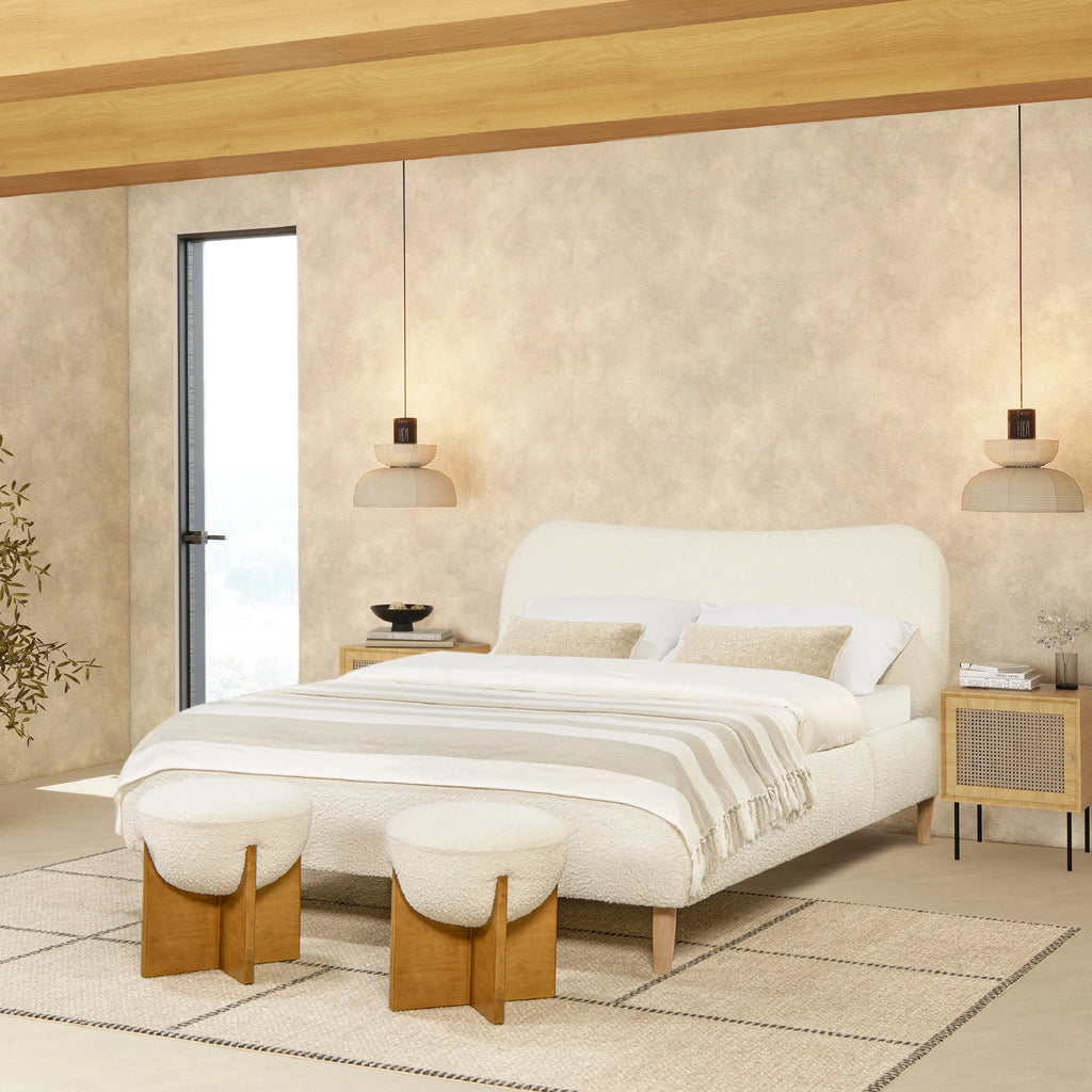 Queen Ivory White Boucle Upholstered Platform Bed X2482