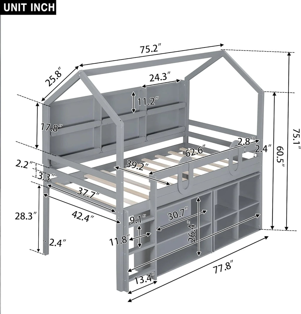 Grey Wood Loft Bed Frame with Storage Shelves U4940