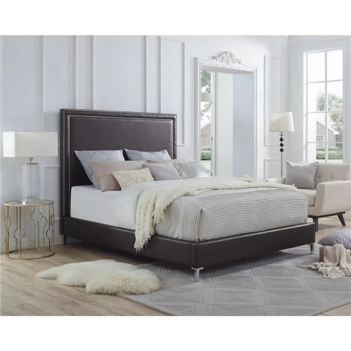 King Leather Platform Bed Frame with Nailhead in Espresso E119129