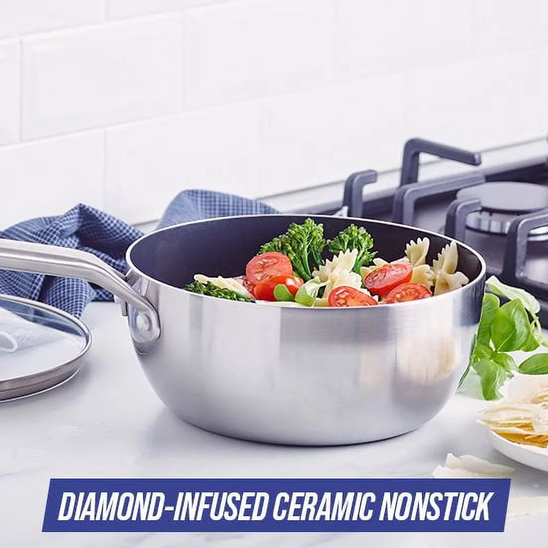 2.5QT Stainless Steel Ceramic Nonstick Saucepan with Lid Q56698