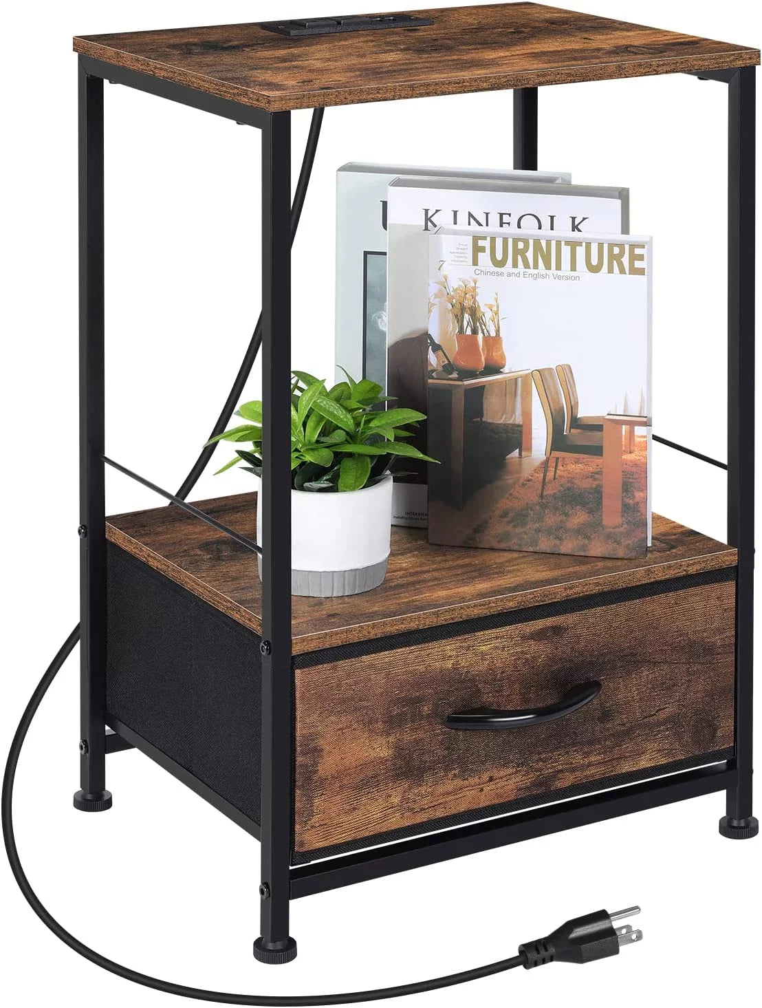Brown Nightstand with Drawer and USB Ports E459