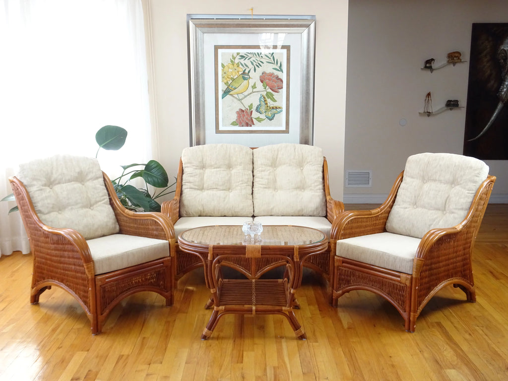 Set of 2 Natural Rattan Wicker Lounge Chairs Loveseat Coffee Table A667