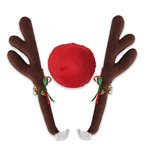 Christmas Reindeer Antlers Car Decoration Kit Plush Red Nose Set with Jingle Bells G36909