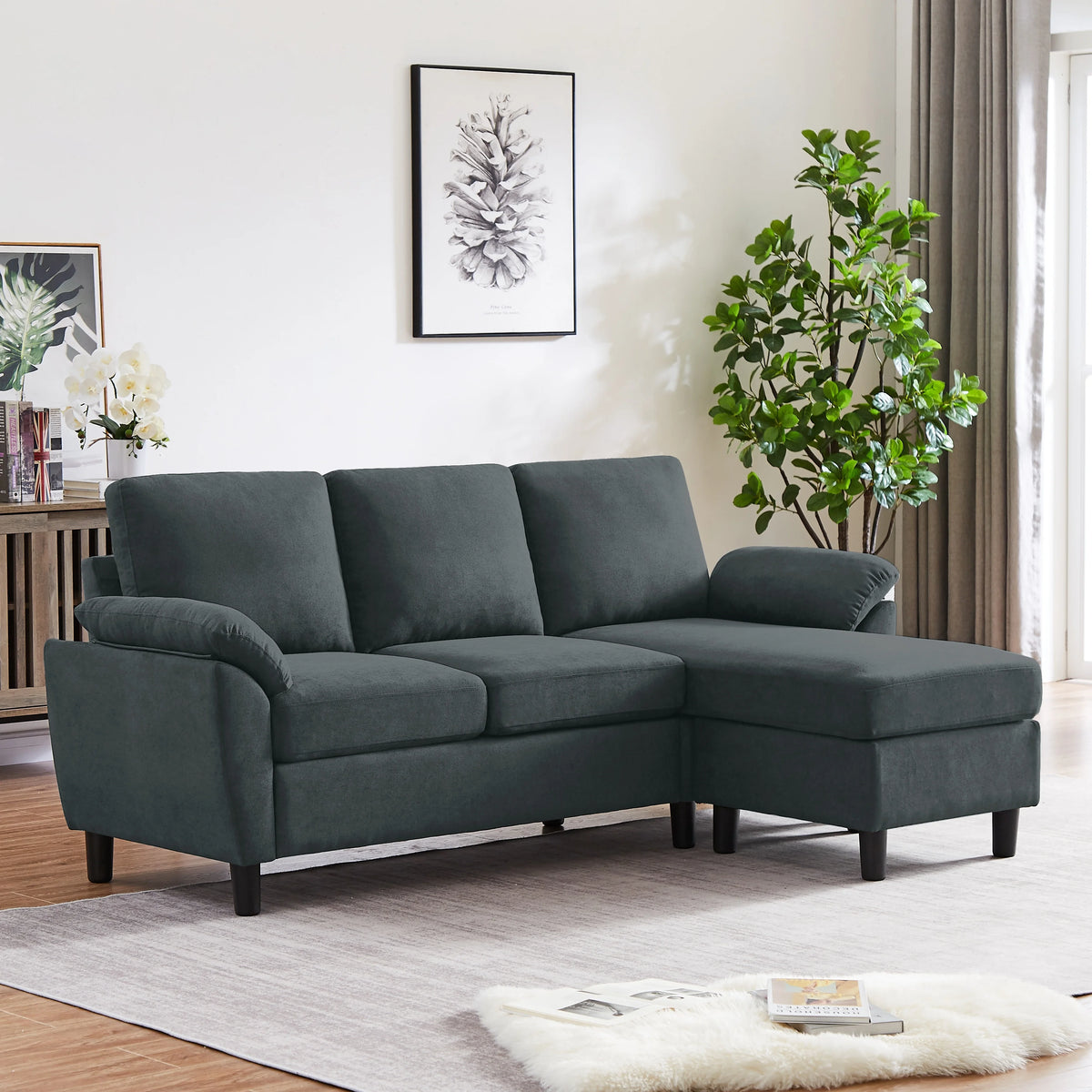 Charcoal Grey L Shaped Sectional Sofa with Reversible Ottoman Q1138