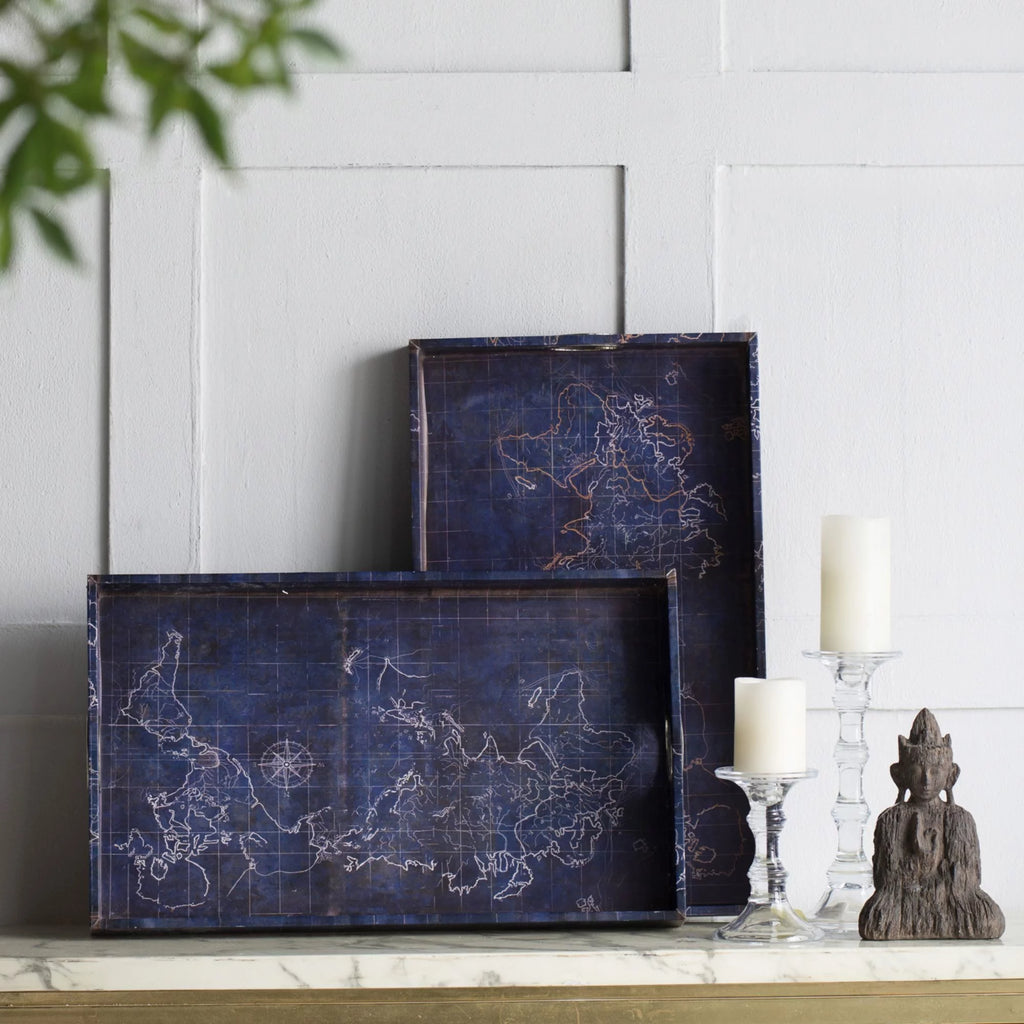 Set of 2 Deep Blue Vintage Rectangular Trays S27486