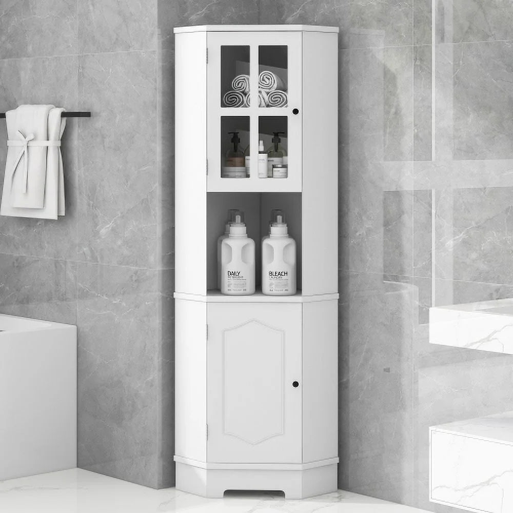 White Tall Bathroom Storage Cabinet with Glass Door X4084