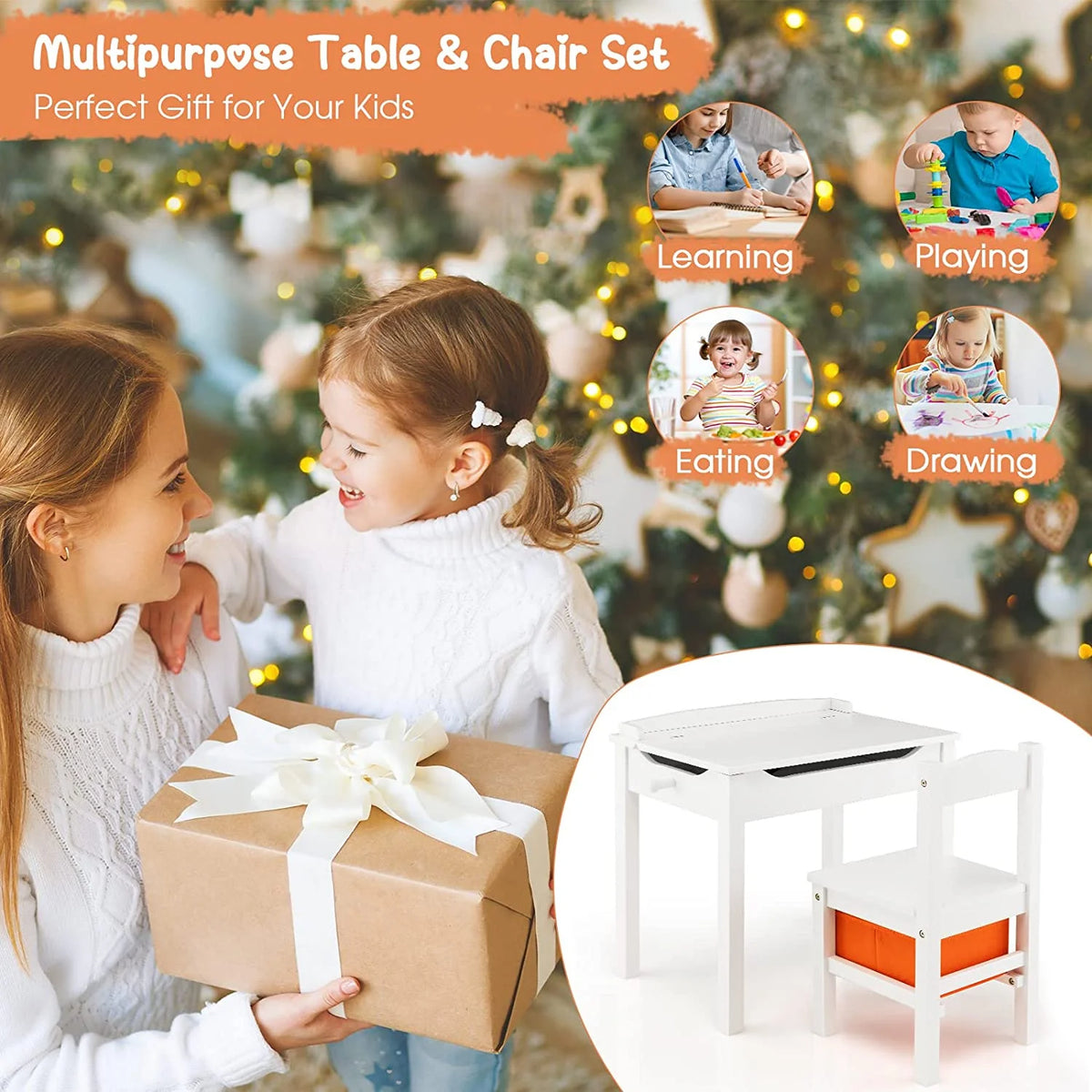 White Kids Table and Chair Set with Storage W565735