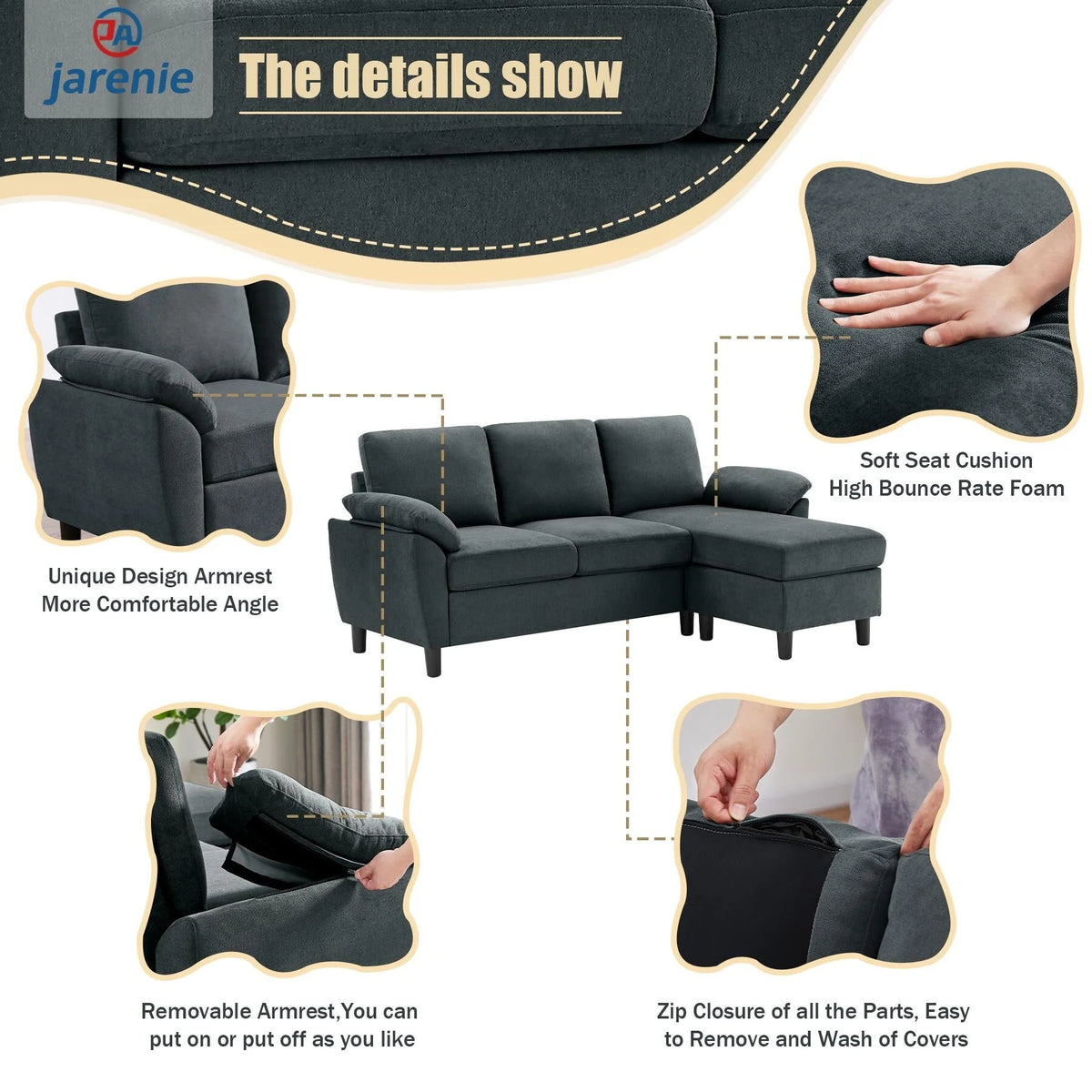 Charcoal Grey L Shaped Sectional Sofa with Reversible Ottoman Q1138