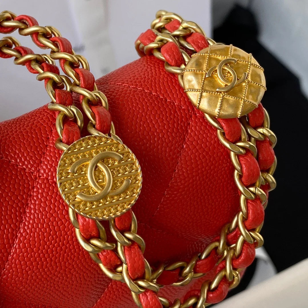 Mini Flap Bag With Top Handle Gold Hardware Red 7.9in/20cm D3981
