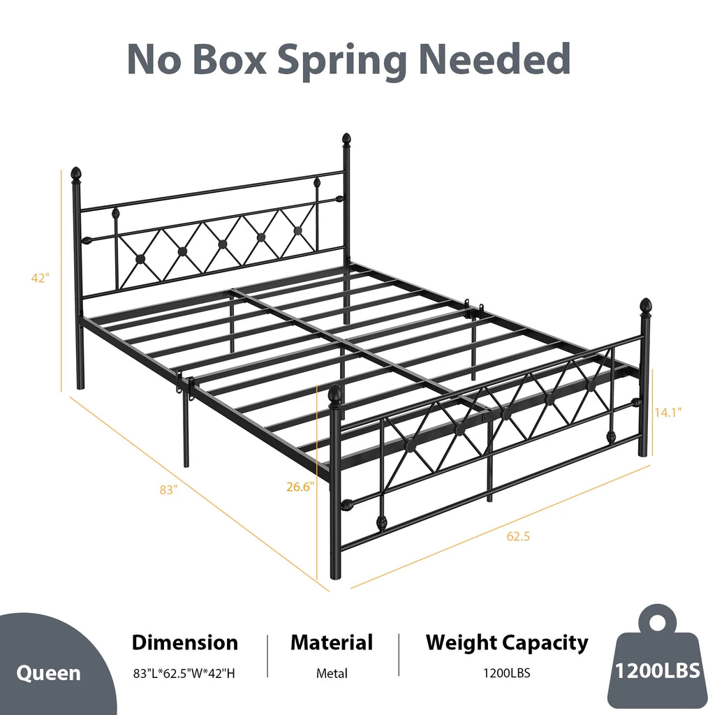 Black Queen Size Metal Platform Bed Frame with Headboard P887604