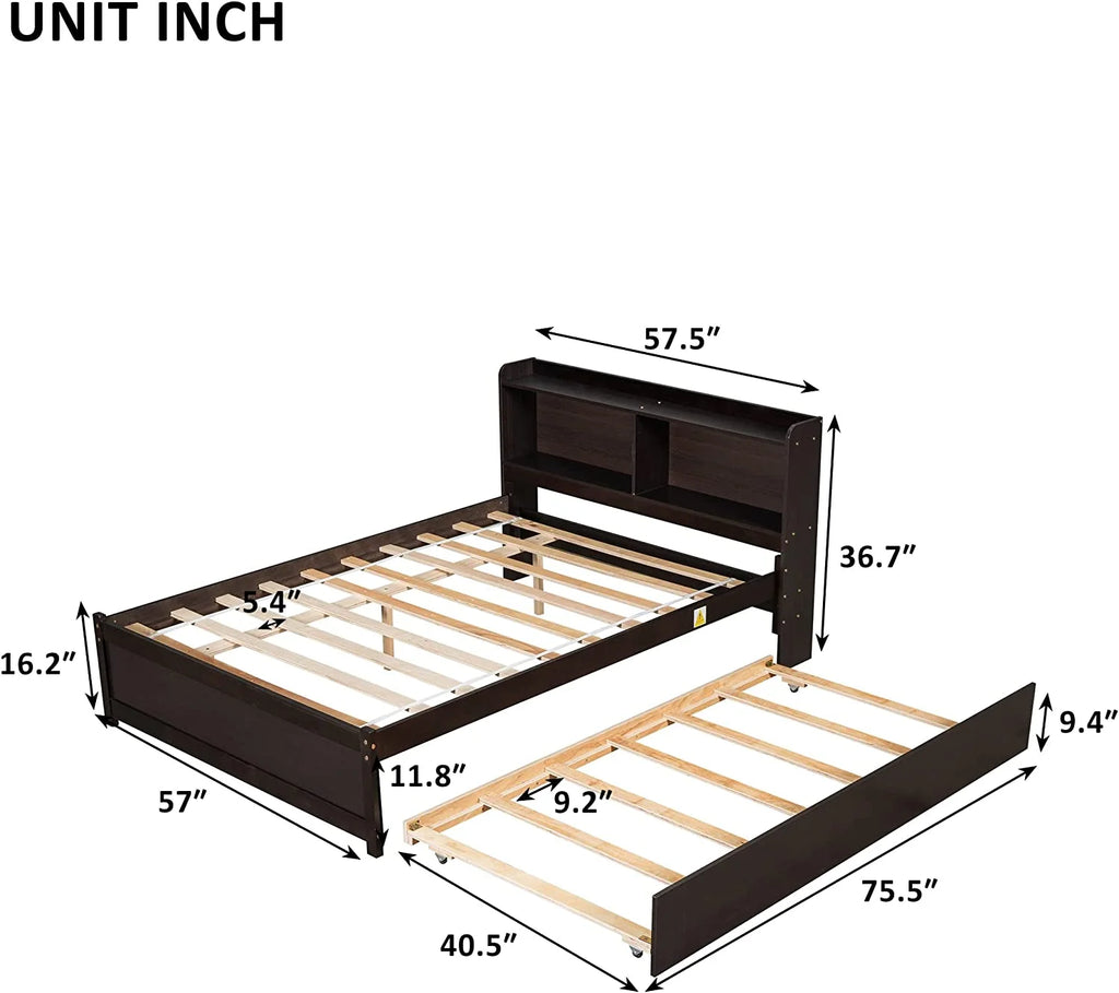 Full Size Wooden Platform Bed with Trundle and Bookcase E947421