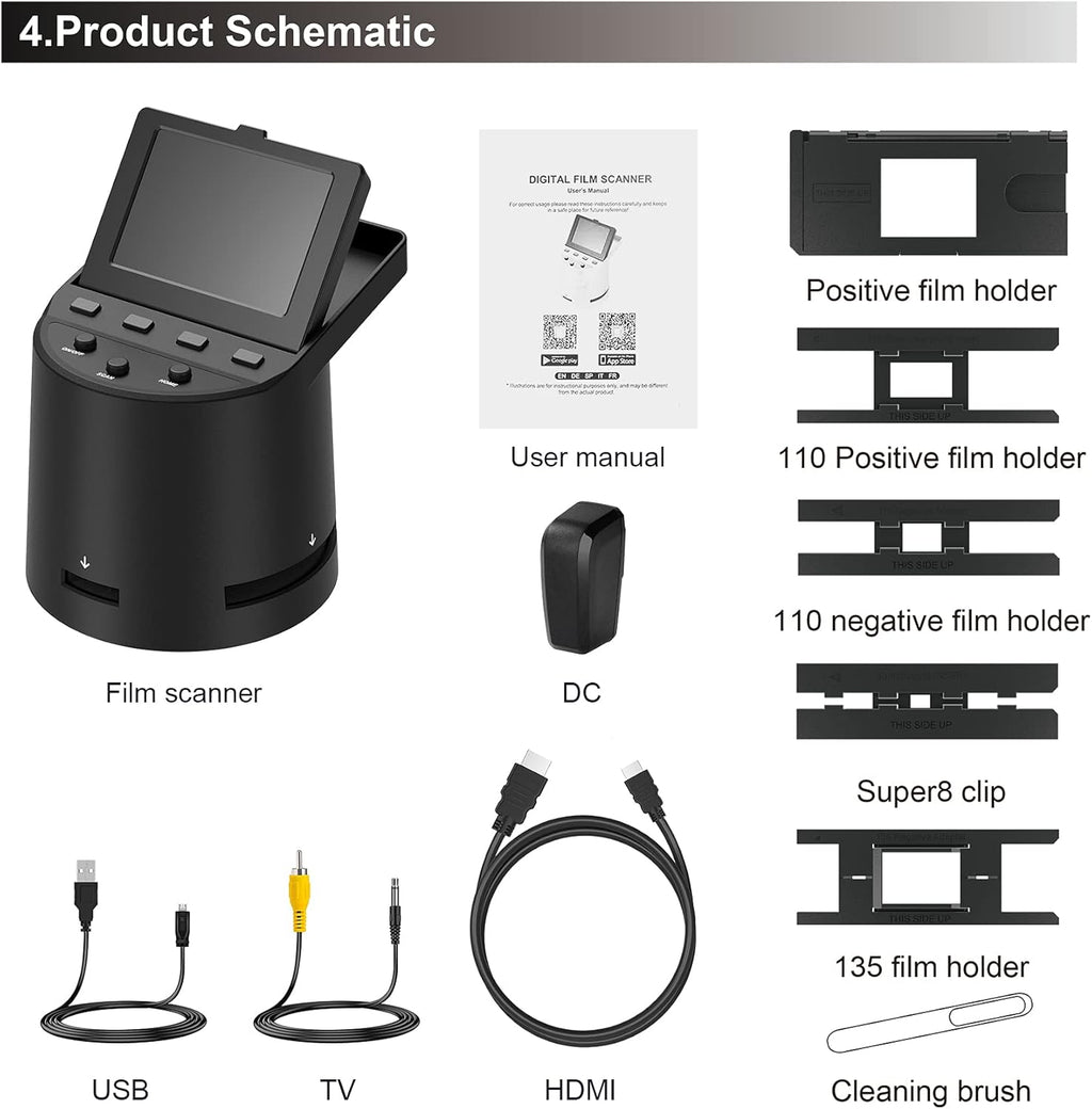 Wireless Digital Film Scanner with 22MP, Converts 35mm, 126, 110, Super 8 Films, Slides, Negatives to JPEG, Tilt-Up 3.5 Large LCD, Transfer Pictures to Phones Via WiFi Connection, MAC &PC Compatible V3199