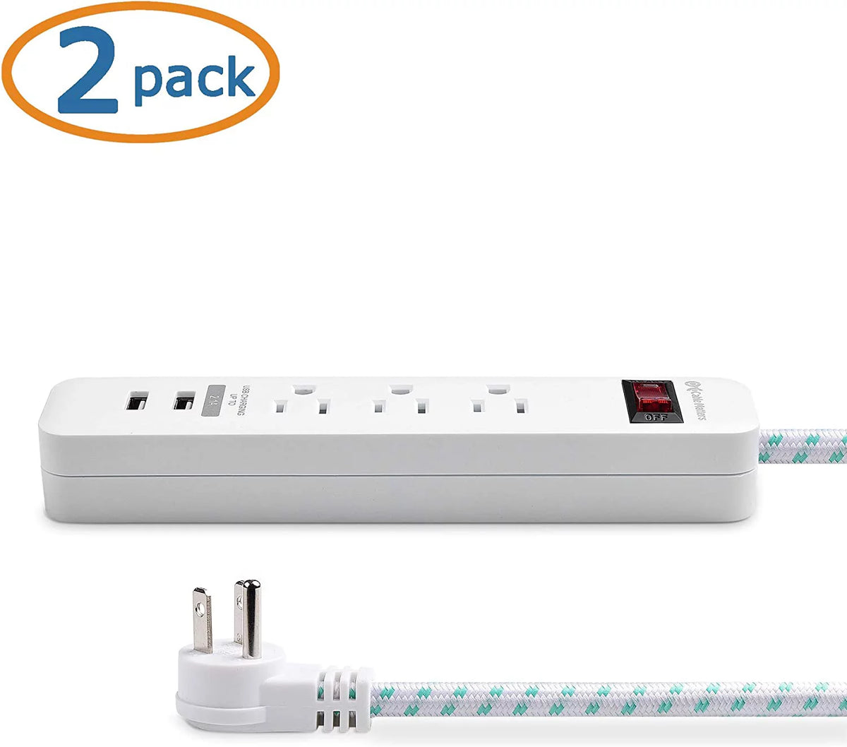 2-Pack 3 Outlet Surge Protector Power Strip with USB Charging Ports White R22518
