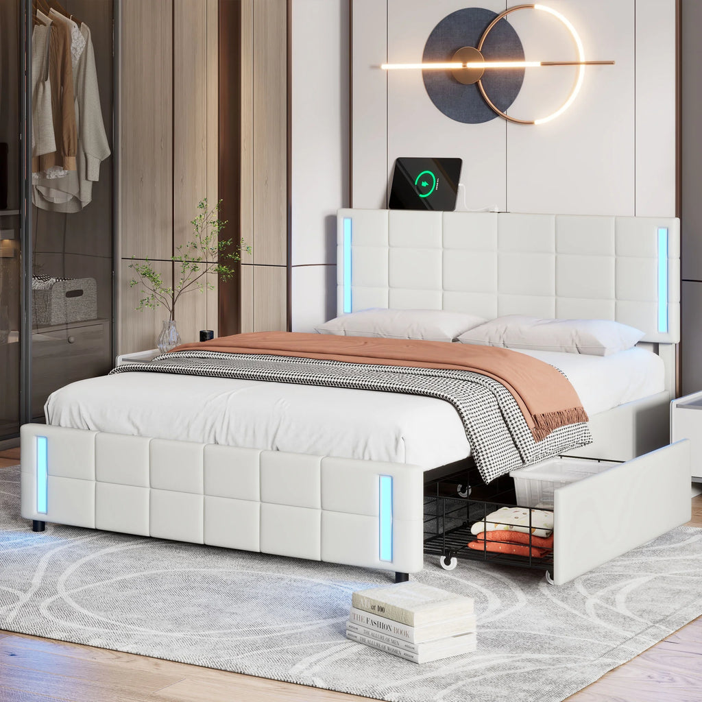 Queen Size Upholstered Platform Bed with LED Lights and USB Charging J8347