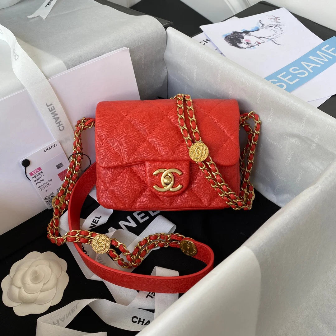 Mini Flap Bag With Top Handle Gold Hardware Red 7.9in/20cm D3981