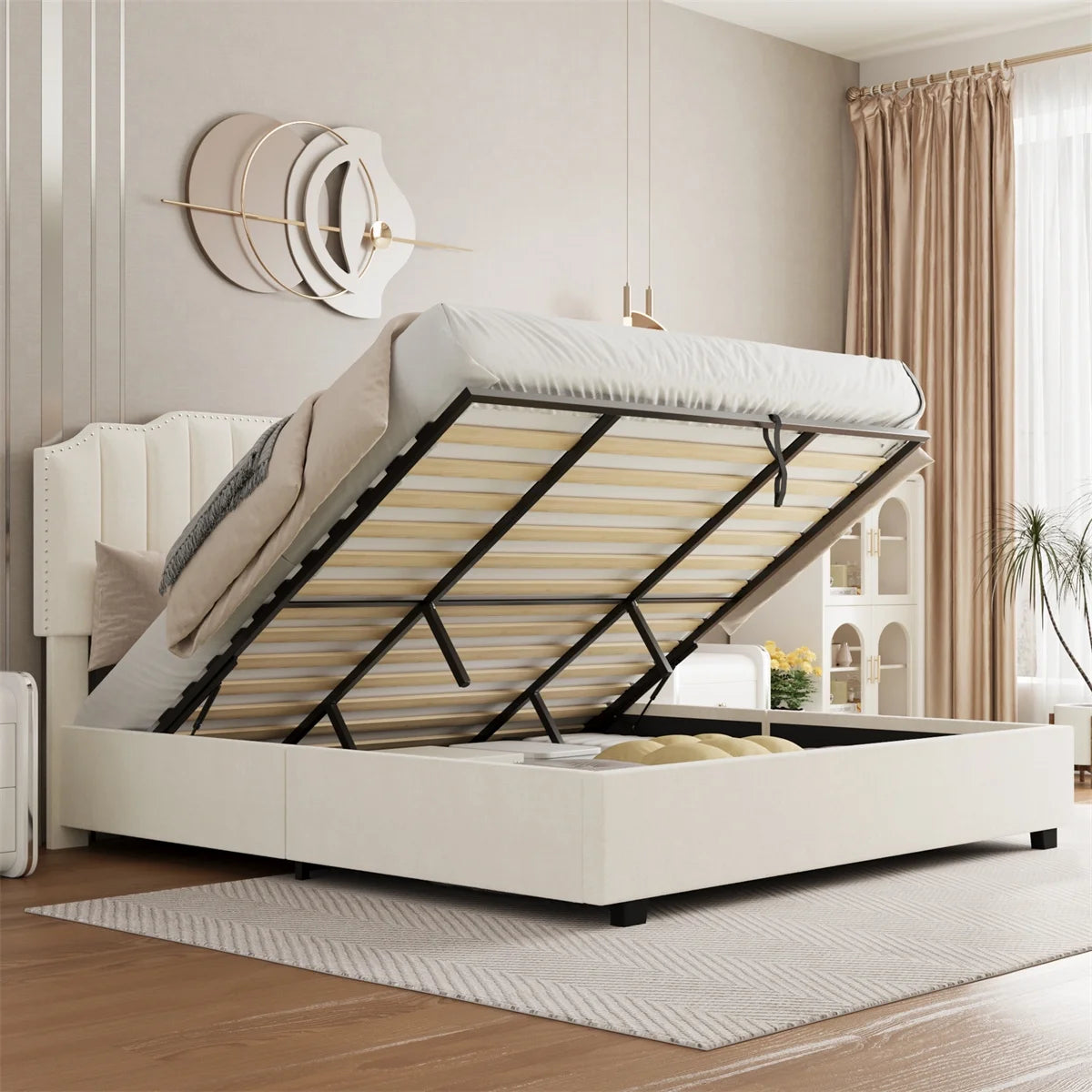 Queen Size Lift Up Storage Bed with Wingback Headboard N447