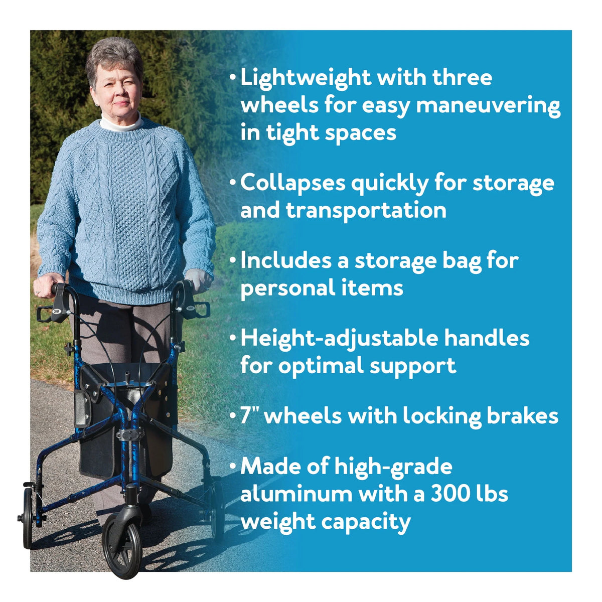 3 Wheel Aluminium Rollator Walker with Adjustable Handles O8331