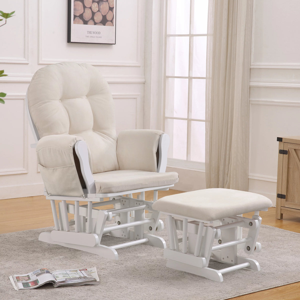 White Glider with Ottoman and Beige Cushions I525