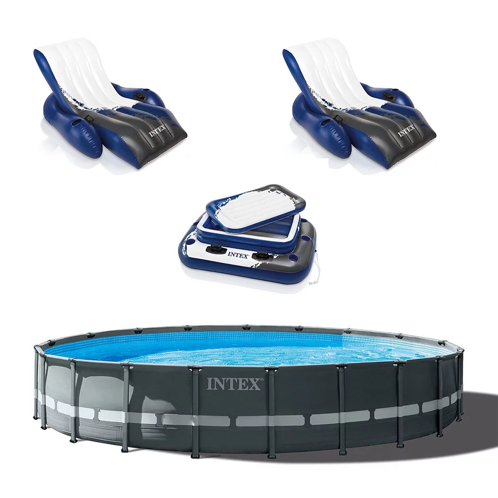 24ft x 52in Round Frame Pool, 2 Pack Loungers, Floating Cooler Z85178
