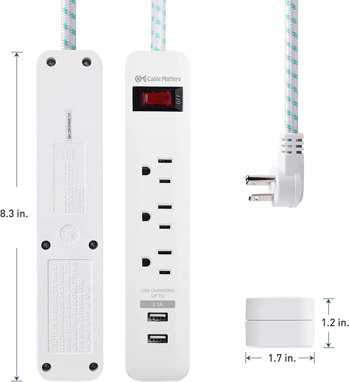 2-Pack 3 Outlet Surge Protector Power Strip with USB Charging Ports White R22518