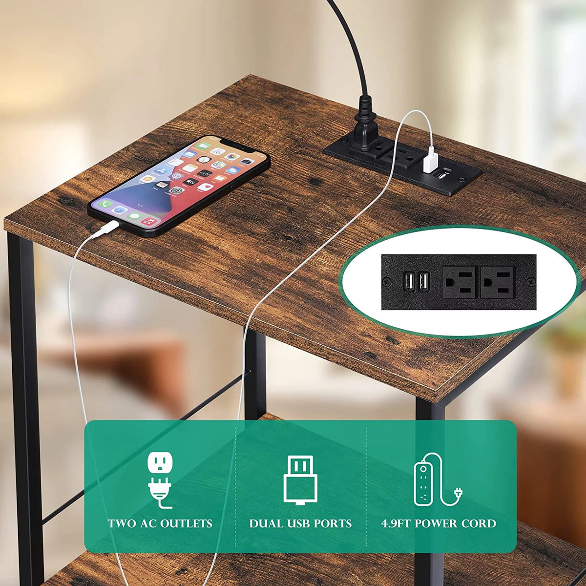 Brown Nightstand with Drawer and USB Ports E459