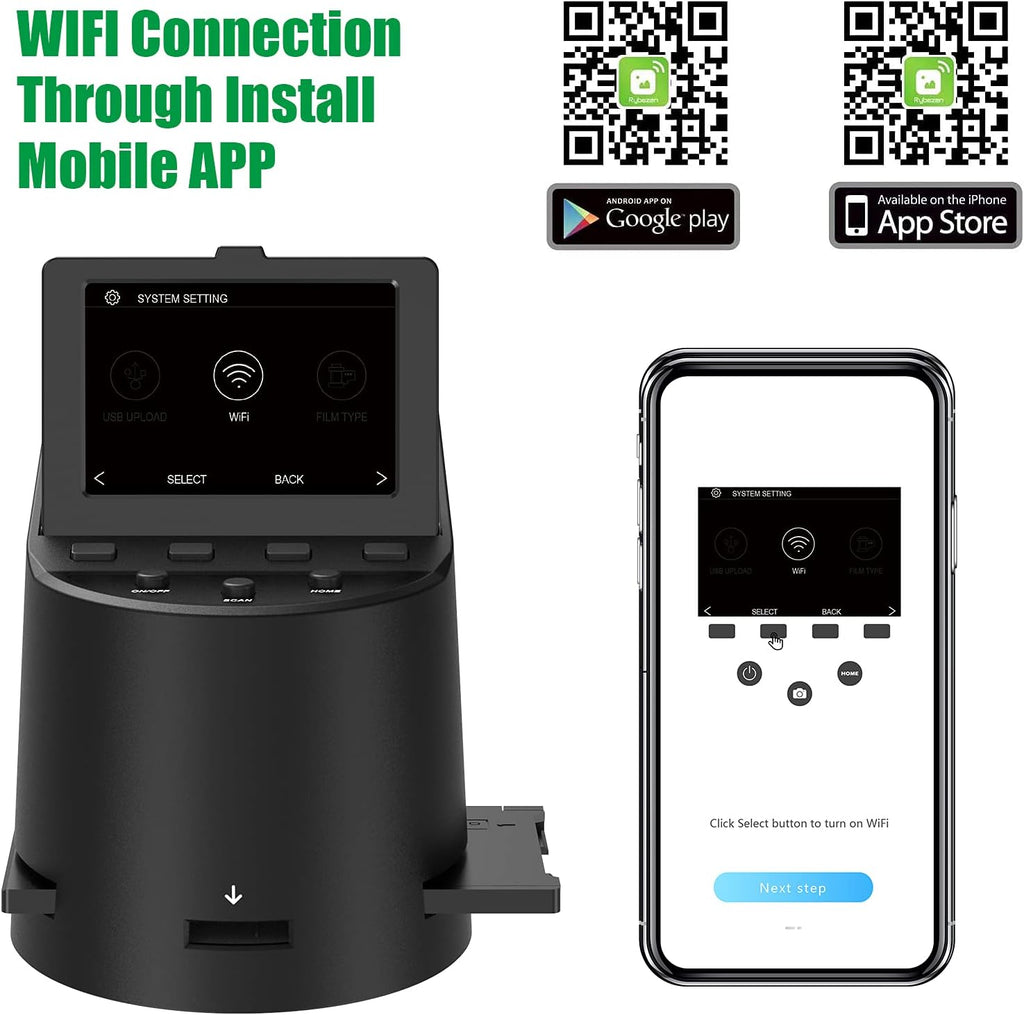 Wireless Digital Film Scanner with 22MP, Converts 35mm, 126, 110, Super 8 Films, Slides, Negatives to JPEG, Tilt-Up 3.5 Large LCD, Transfer Pictures to Phones Via WiFi Connection, MAC &PC Compatible V3199
