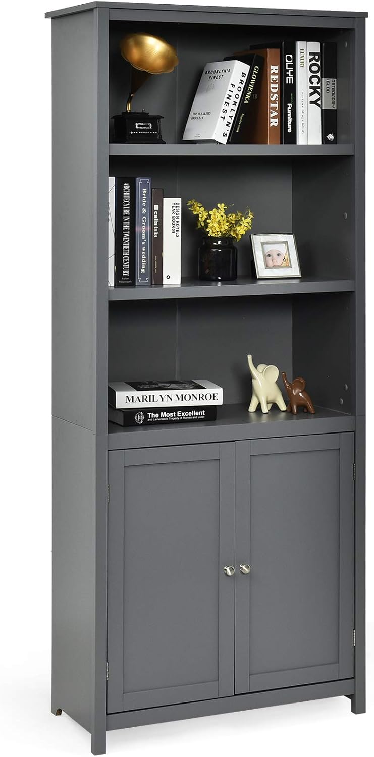 3 Tier Grey Wooden Bookcase with Doors Y197457