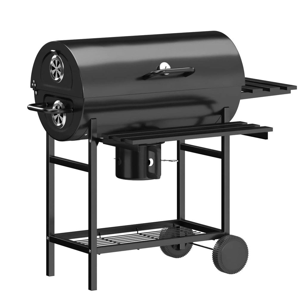 Black 29” Barrel Outdoor Charcoal Grill with Side Shelf and Wheels J369315