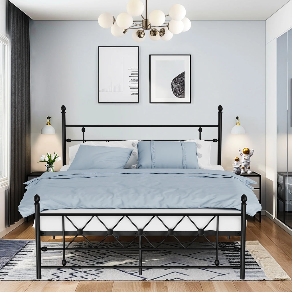 Black Queen Size Metal Platform Bed Frame with Headboard P887604