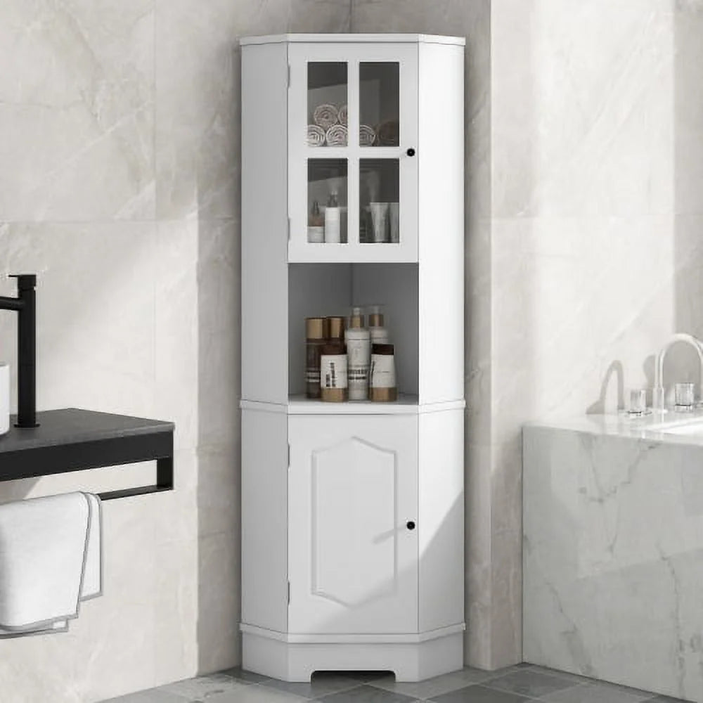 White Tall Bathroom Storage Cabinet with Glass Door X4084