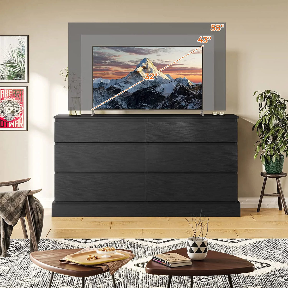 Black 6 Drawer Double Dresser P22270