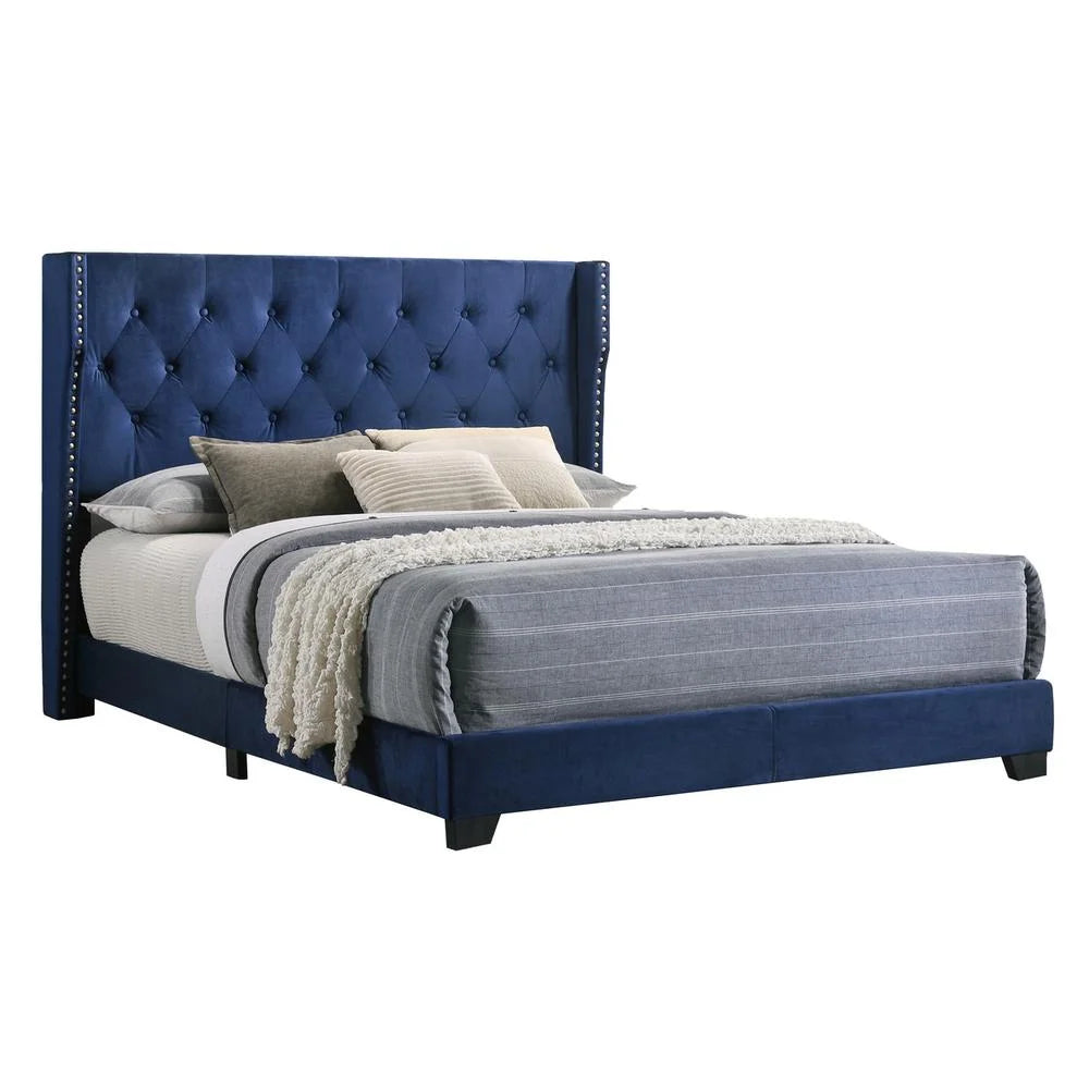 Navy Blue Velvet Tufted Full Size Bed A1097