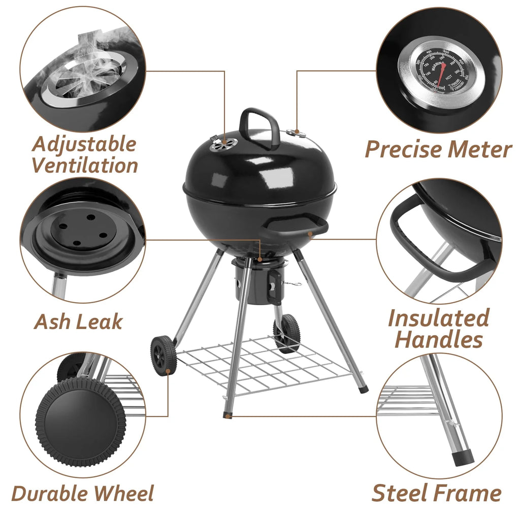 Black 29” Barrel Outdoor Charcoal Grill with Side Shelf and Wheels J369315