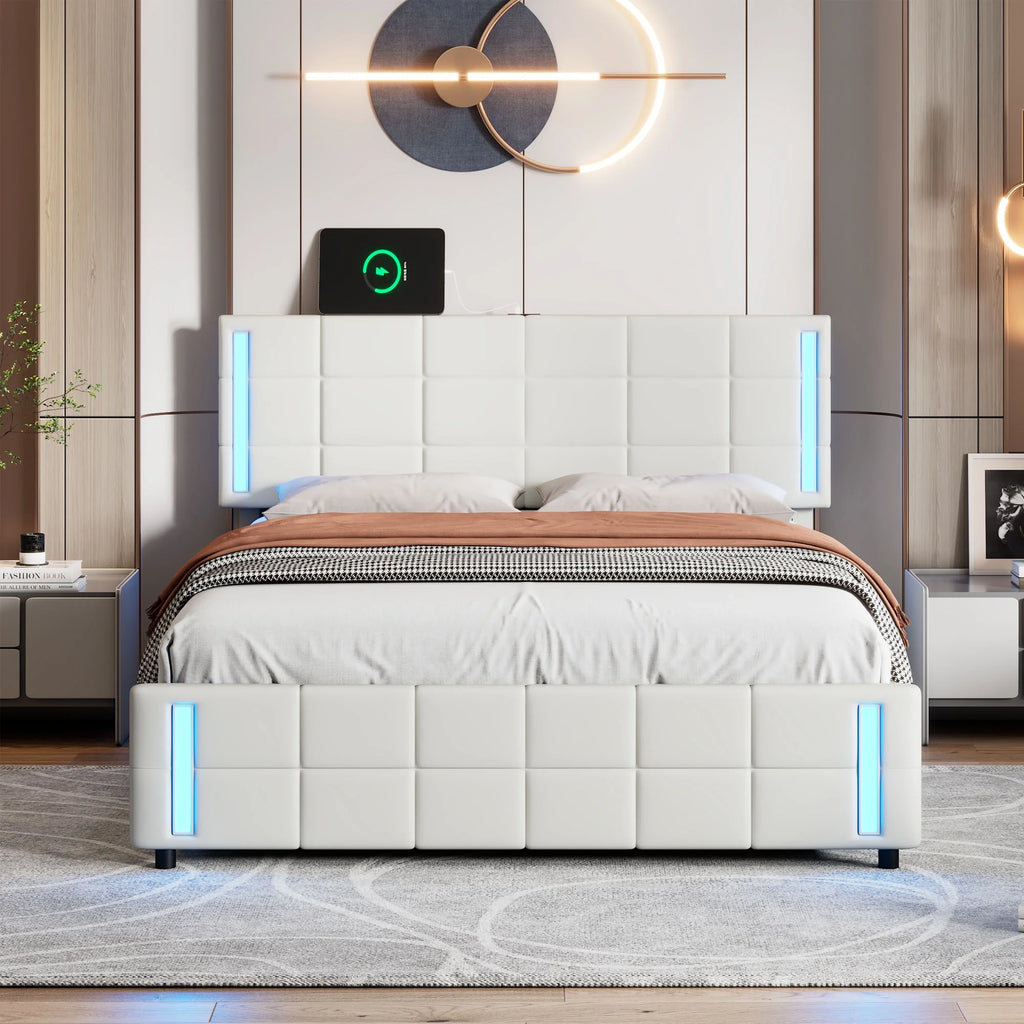 Queen Size Upholstered Platform Bed with LED Lights and USB Charging J8347