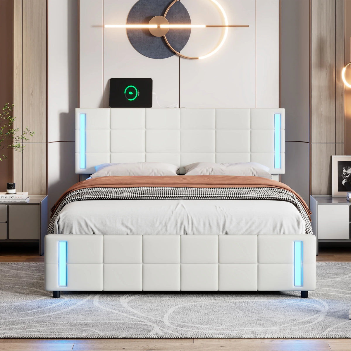 Queen Size Upholstered Platform Bed with LED Lights and USB Charging J8347