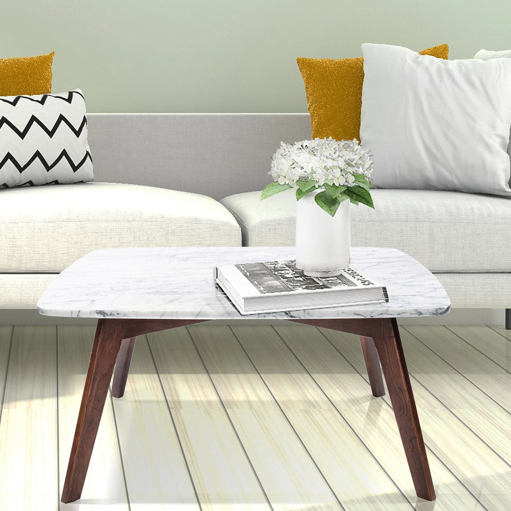 31" Square White Marble Coffee Table with Walnut Legs K18312