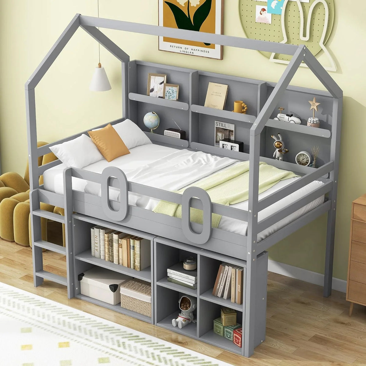 Grey Wood Loft Bed Frame with Storage Shelves U4940