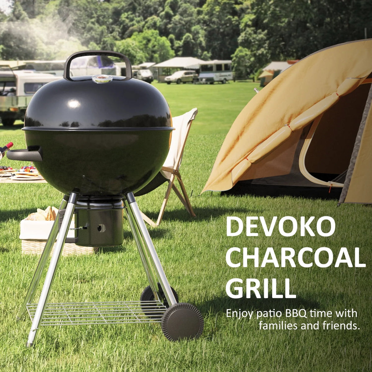 Black 29” Barrel Outdoor Charcoal Grill with Side Shelf and Wheels J369315